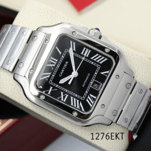 Cartier Mens Santos Stainless Steel Black Roman Dial Watch