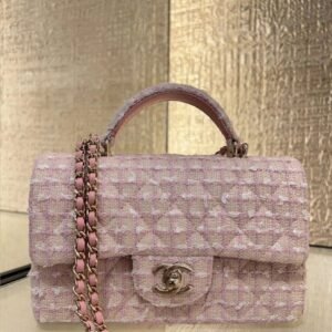 Design Tweed Quilted Mini Top Handle Rectangular Flap Light Pink - Dubai Fashion LUX