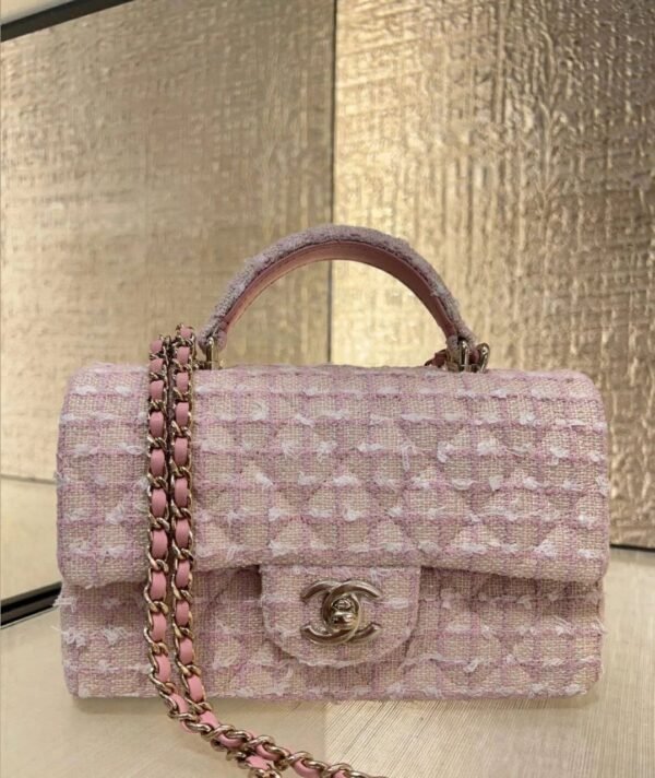 Design Tweed Quilted Mini Top Handle Rectangular Flap Light Pink - Dubai Fashion LUX