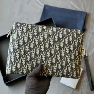 Design A4 ZIPPED POUCH Beige And Black Oblique Jacquard - Dubai Fashion LUX