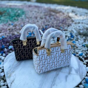 Design By The Way Mini Small raffia Boston bag with a white tapestry fabric FF motif - Dubai Fashion LUX