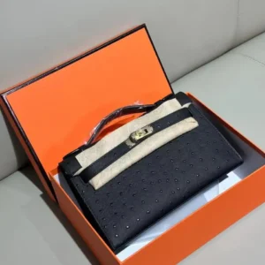 Design Kelly Pochette Noir (Black) Ostrich Gold Hardware GHW - Dubai Fashion LUX