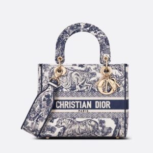 Design MEDIUM LADY D-LITE BAG Blue Toile de Jouy Embroidery - Dubai Fashion LUX