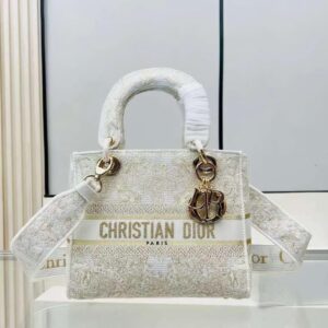 Design MEDIUM LADY D-LITE BAG Gold-Tone and White Butterfly Around The World Embroidery - Dubai Fashion LUX