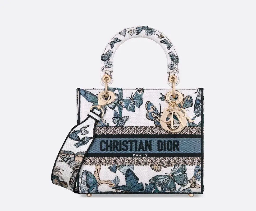 Design MEDIUM LADY D-LITE BAG White and Pastel Midnight Blue Toile de Jouy Mexico Embroidery - Dubai Fashion LUX