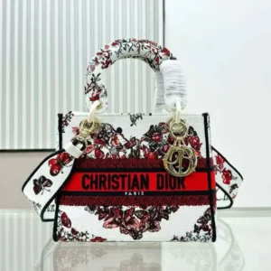 Design Medium Lady D-Lite Bag White and Red Le Cœur des Papillons Embroidery - Dubai Fashion LUX