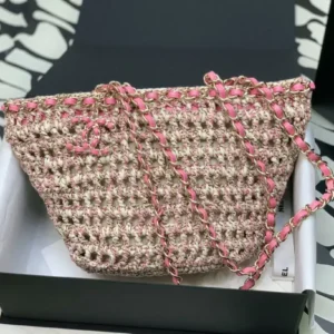 Design Small Shopping Bag in Crochet & Mixed Fibers & Calfskin Beige Pink - Dubai Fashion LUX