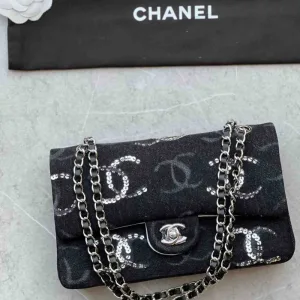 Chanel 23b Denim CC Sequined Double Flap Bag Black