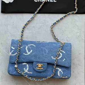Chanel 23b Denim CC Sequined Double Flap Bag Blue