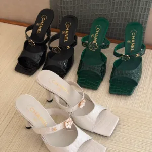 Chanel Crocodile Embossed Patent Mules