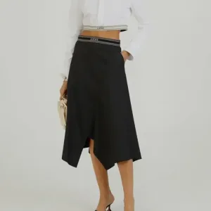 LOEWE black asymmetric wool midi skirt
