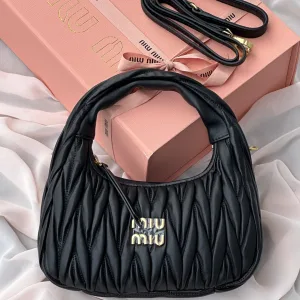 Miu Miu Wander Matelasse Nappa Black Leather Hobo Bag