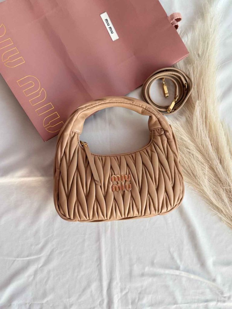 Miu Miu Wander Matelasse Nappa Leather Hobo Bag Beige