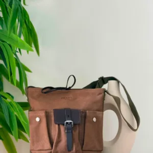 Prada Route Mini Khaki Brown Canvas Leather Crossbody Bag