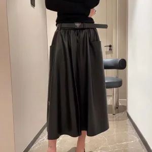 Prada brown faux-leather pleated midi skirt