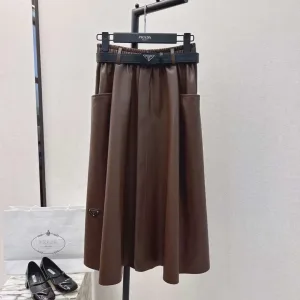 Prada brown faux-leather pleated midi skirt