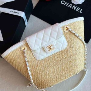 Buy CHANEL Tote Bag Braided Straw Lambskin Gold Tone Metal | Bags Dubai