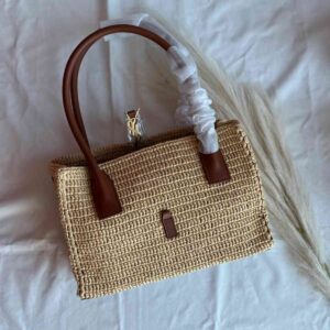 Buy SAINT LAURENT Panier Leather-Trimmed Raffia Rectangle Tote Bag |Bags Dubai