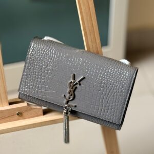 Buy YSL Kate Small Grey Crocodile Embossed Patent Leather