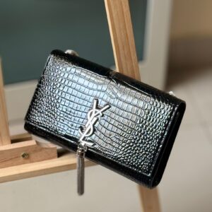 Buy YSL Kate Small Shiny Black Crocodile Embossed Wallet