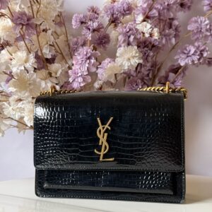 Buy YSL Small Sunset Black Crocodile Shiny Leather Bag