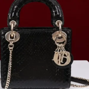 DIOR Black Python Skin Mini Chain Tote Bag | Gold CD Clasp | Luxury Handbag