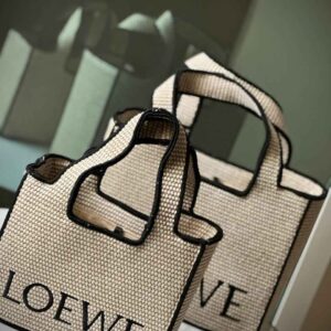 Shop Premium Loewe Font Natural & Black Raffia Tote Bag
